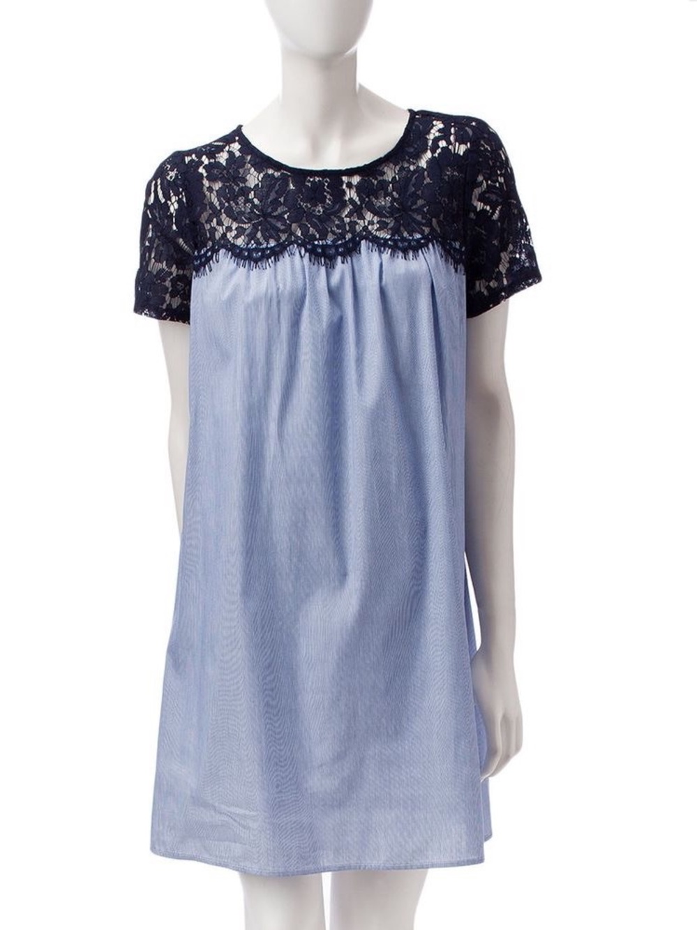 Luxology Pretty Summer Shift Dress Blue & White Pinstripes With Lace Overlay